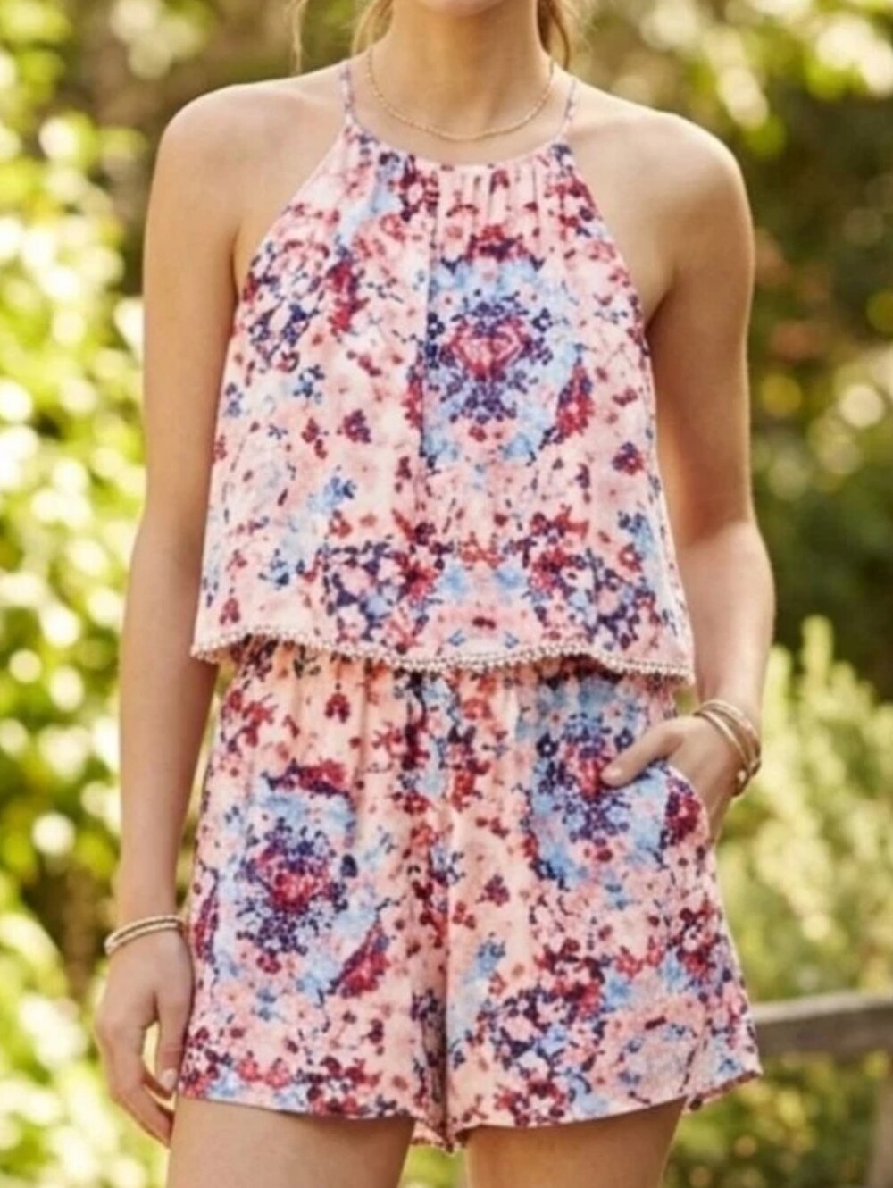 Parker Catamaran Romper Silk Floral Sleeveless Shorts Small Pink Flowy - Picture 1 of 6